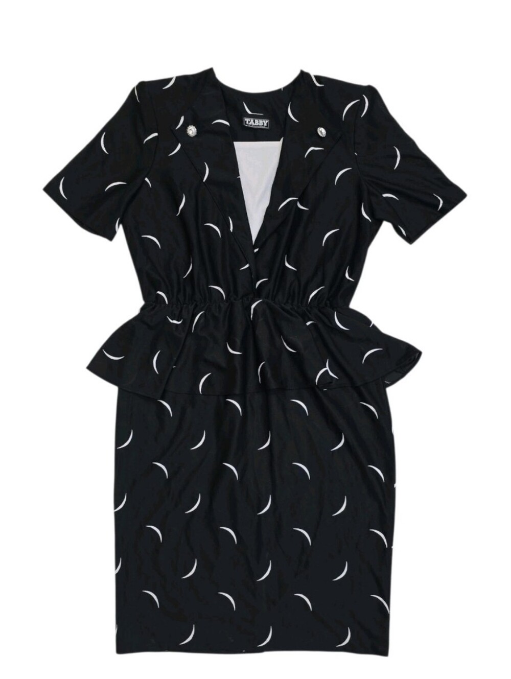 Vintage Tabby of California Dress Peplum Waist Black White Crescent Moon M 80s